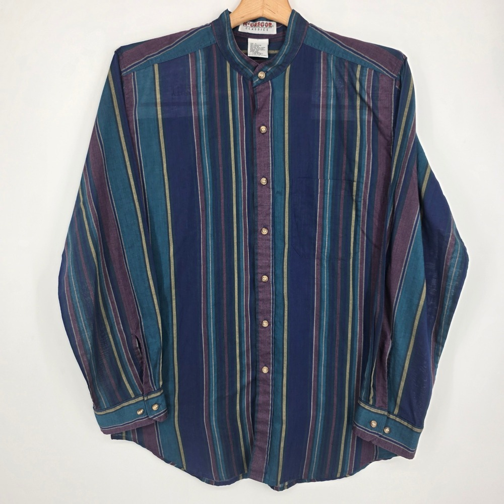 McGregor Classics Mens Banded Collar Striped Button Down Shirt Blue Purple Large